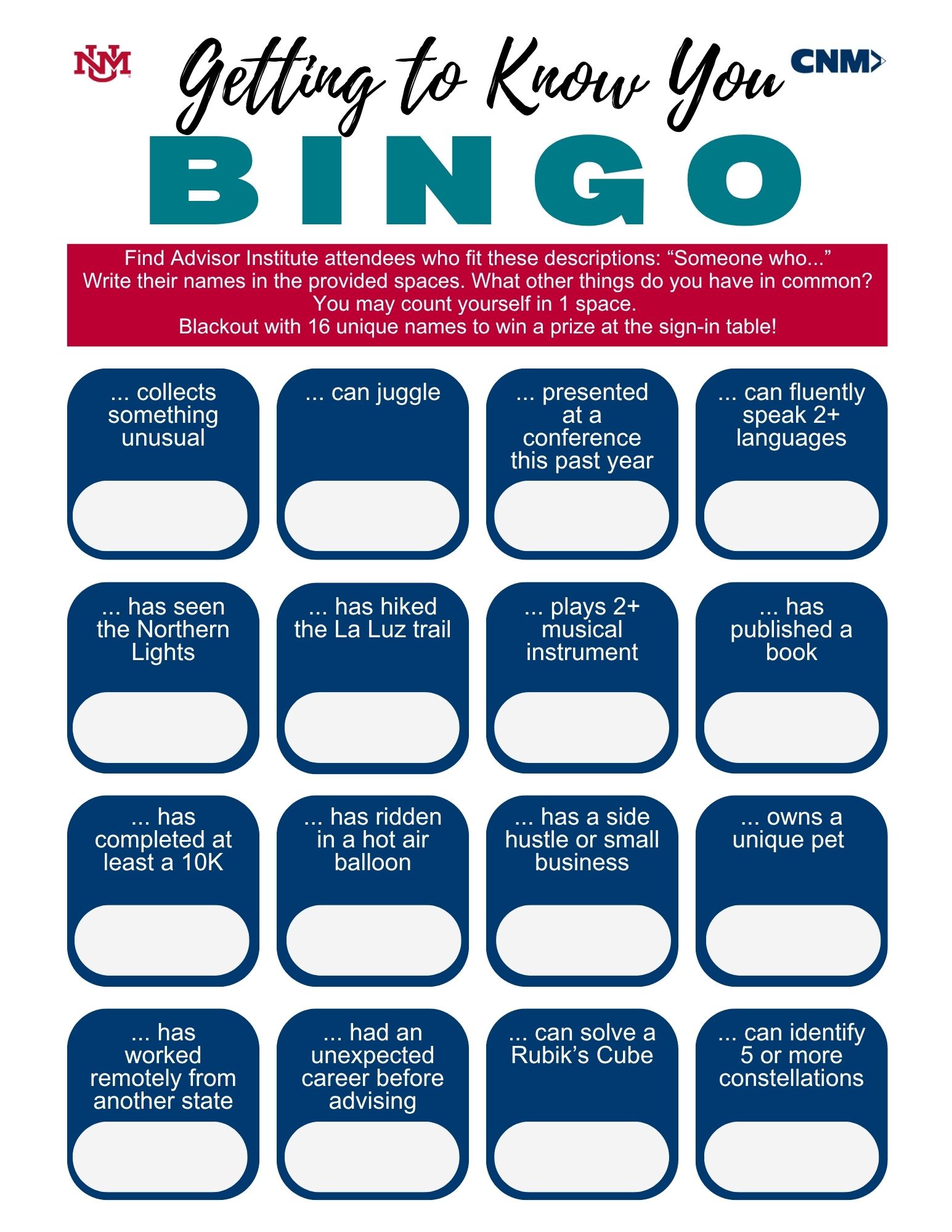 get to know you bingo card